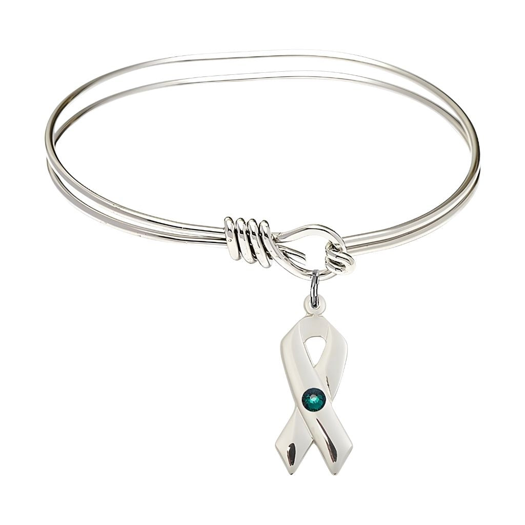 Bliss Emerald Birthstone Sterling Silver Cancer Awareness Ribbon Oval Hook Bangle Bracelet, charm measuring 7/8 by 3/8 inches,