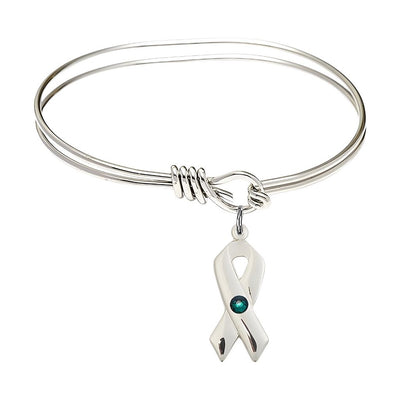 Emerald Birthstone Sterling Silver Cancer Awareness Ribbon Oval Hook Bangle Bracelet, charm measuring 7/8 by 3/8 inches, Bliss Manufacturing