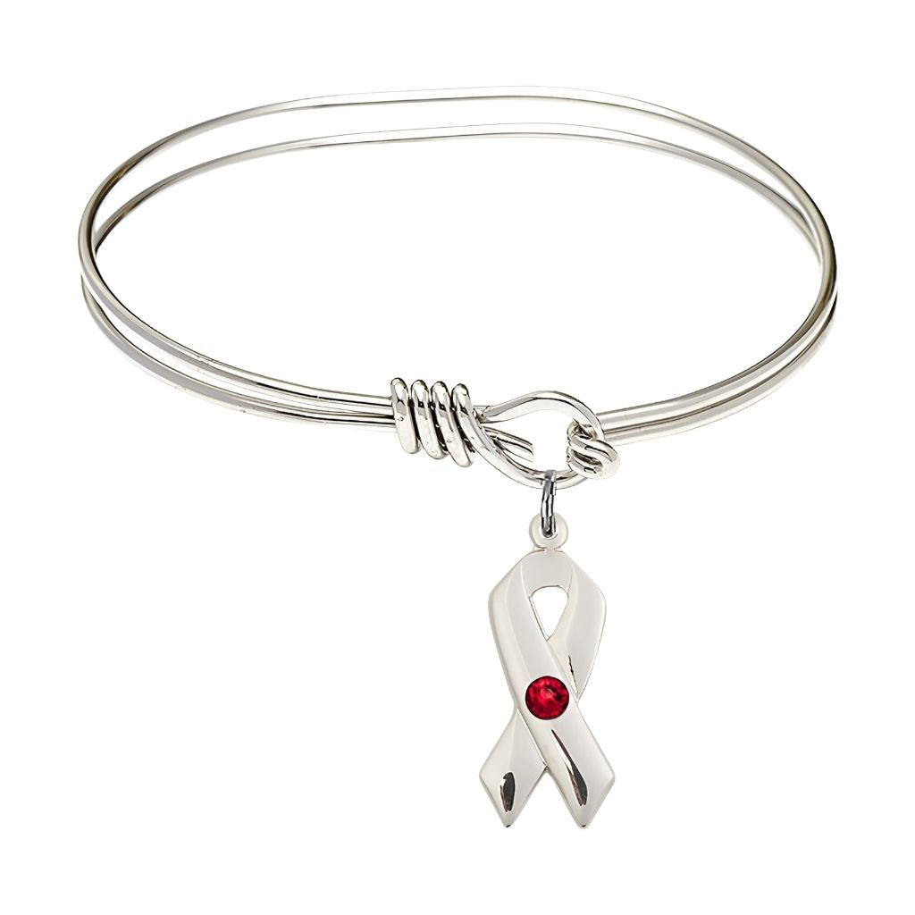 Bliss Ruby Birthstone Sterling Silver Cancer Awareness Ribbon Oval Hook Bangle Bracelet, charm measuring 7/8 by 3/8 inches,