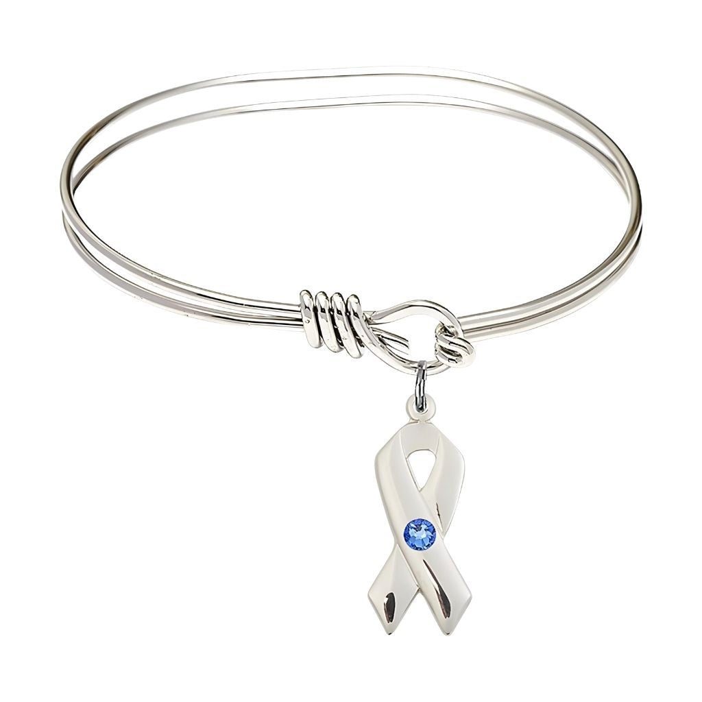 Bliss Sapphire Birthstone Sterling Silver Cancer Awareness Ribbon Oval Hook Bangle Bracelet, charm measuring 7/8 by 3/8 inches,