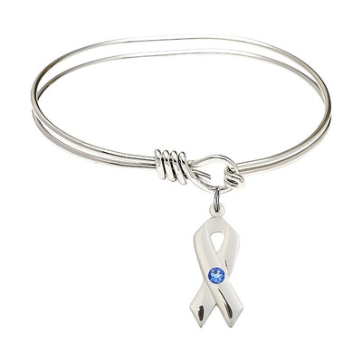Sapphire Birthstone Sterling Silver Cancer Awareness Ribbon Oval Hook Bangle Bracelet, charm measuring 7/8 by 3/8 inches, Bliss Manufacturing