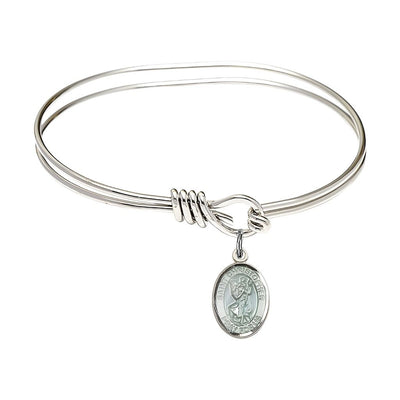 Blue Epoxy St. Christopher Sterling Silver Medal with Rhodium-plated Oval Hook Bangle Bracelet, Bliss Manufacturing