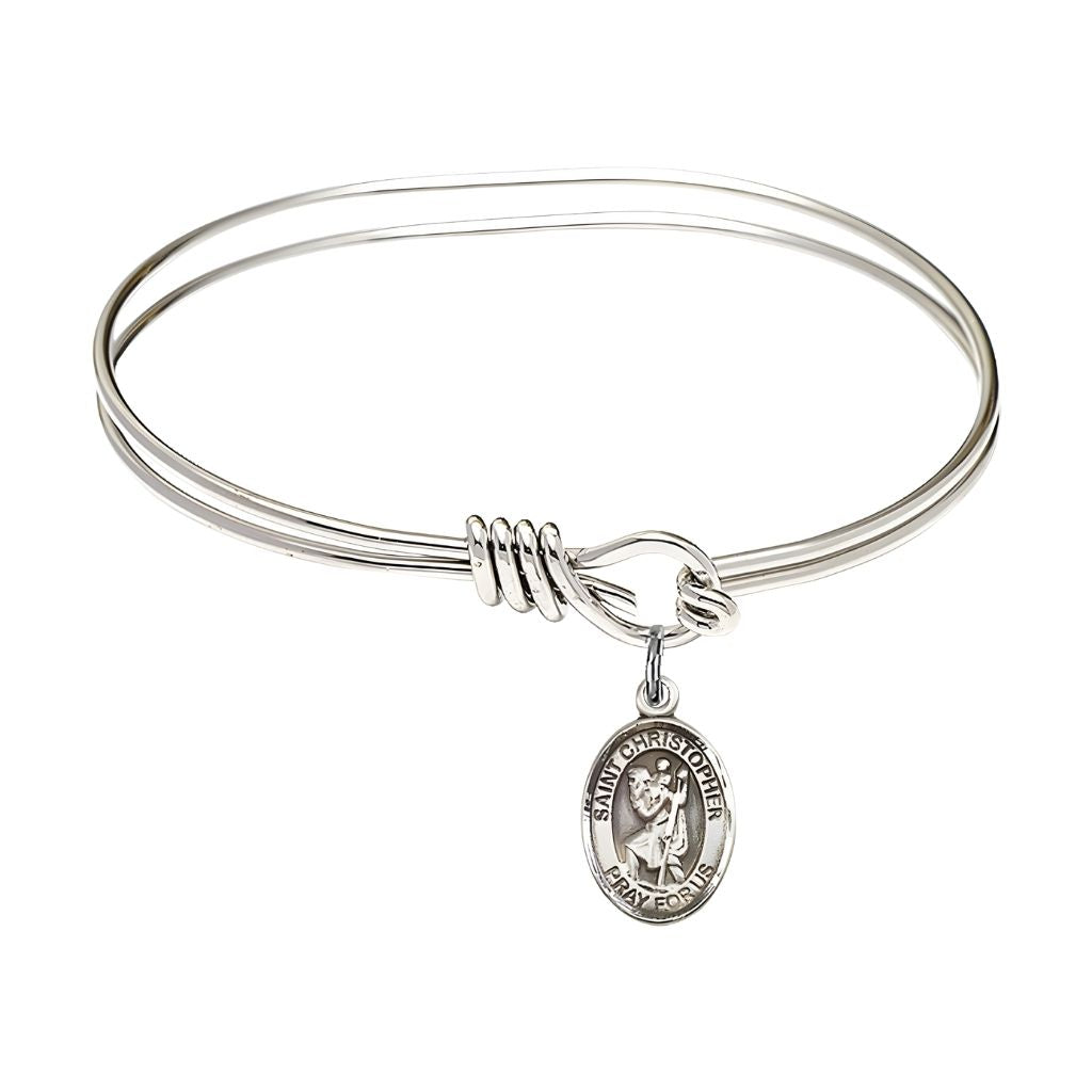 Bliss St. Christopher Sterling Silver Charm Rhodium-plated Oval Hook Bangle Bracelet,