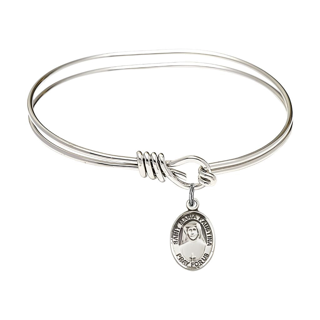 Bliss Sterling Silver St. Maria Faustina Charm with a Rhodium-plated Oval Eye Hook Design Bangle Bracelet