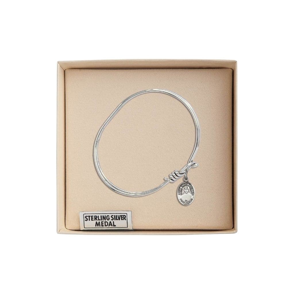 Bliss Sterling Silver St. Maria Faustina Charm with a Rhodium-plated Oval Eye Hook Design Bangle Bracelet in Gift Box