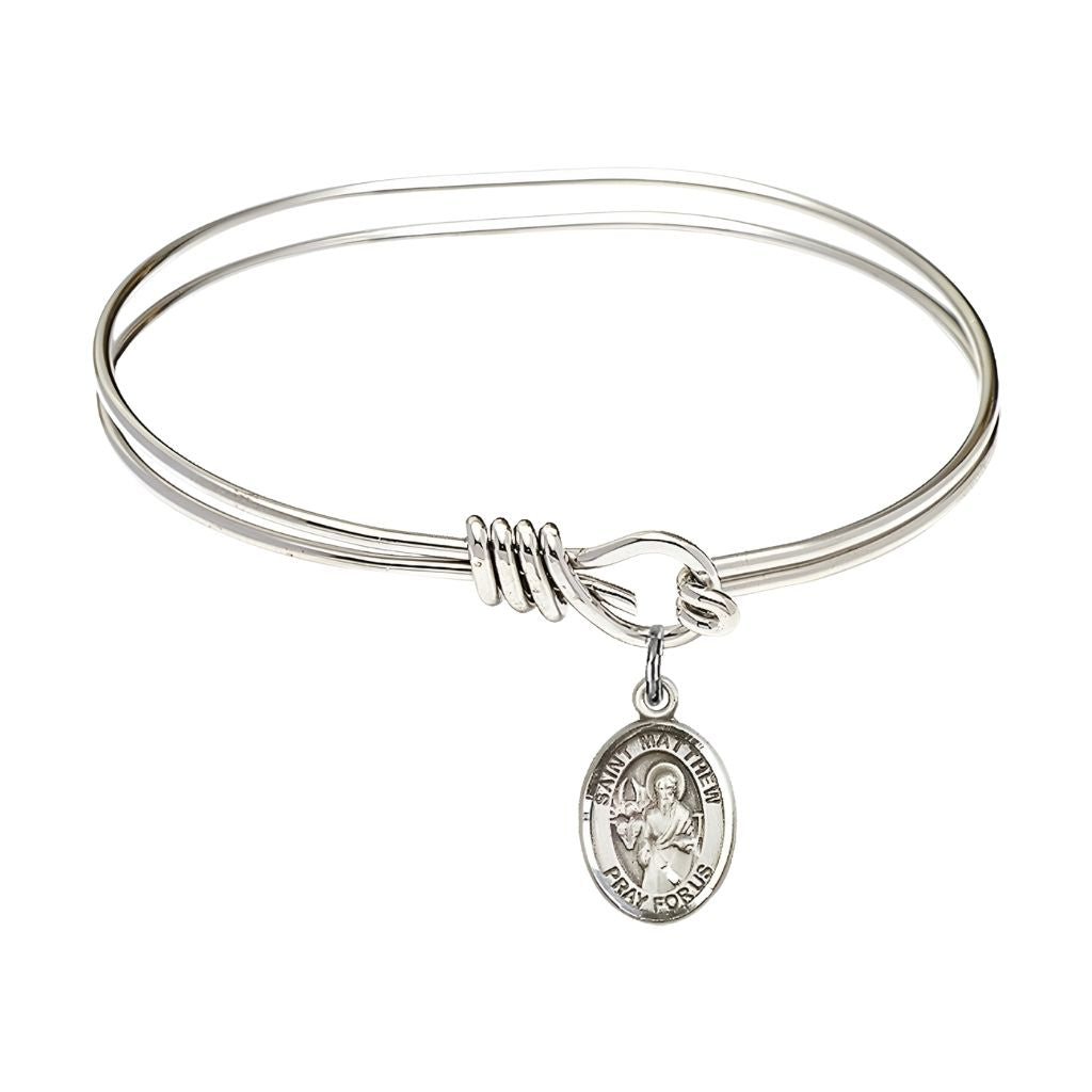 Bliss St. Matthew the Apostle Sterling Silver Charm Oval Eye Hook Bangle Bracelet, charm measures 1/2 by 1/4 inch