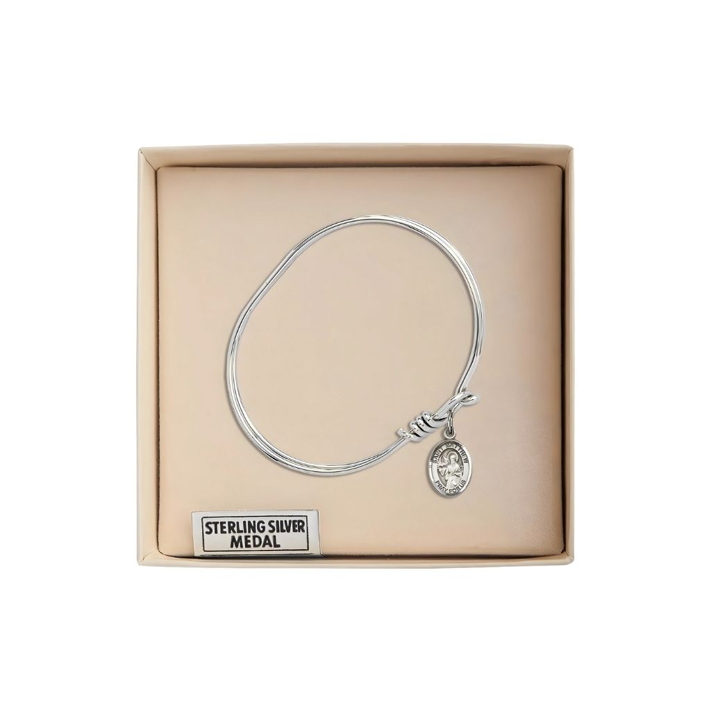 Bliss St. Matthew the Apostle Charm Oval Eye Hook Bangle Bracelet in Gift Box, charm measures 1/2 by 1/4 inch