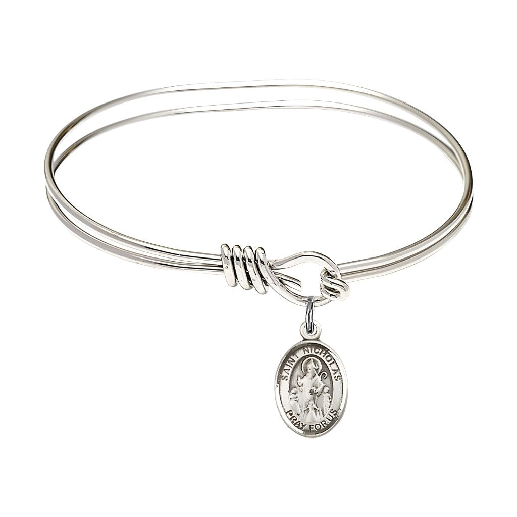 Bliss St. Nicholas Charm Oval Hook Plated Bangle Bracelet with Sterling Silver Charm