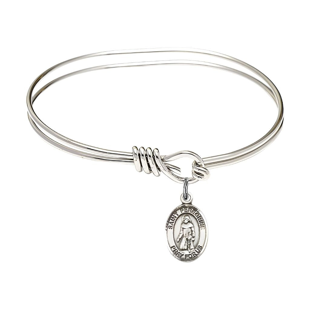 Bliss St. Peregrine Laziosi Sterling Silver Charm with a Oval Hook Rhodium Plated Bangle Bracelet, Charm Size: 1/2 x 1/4, Gift Box