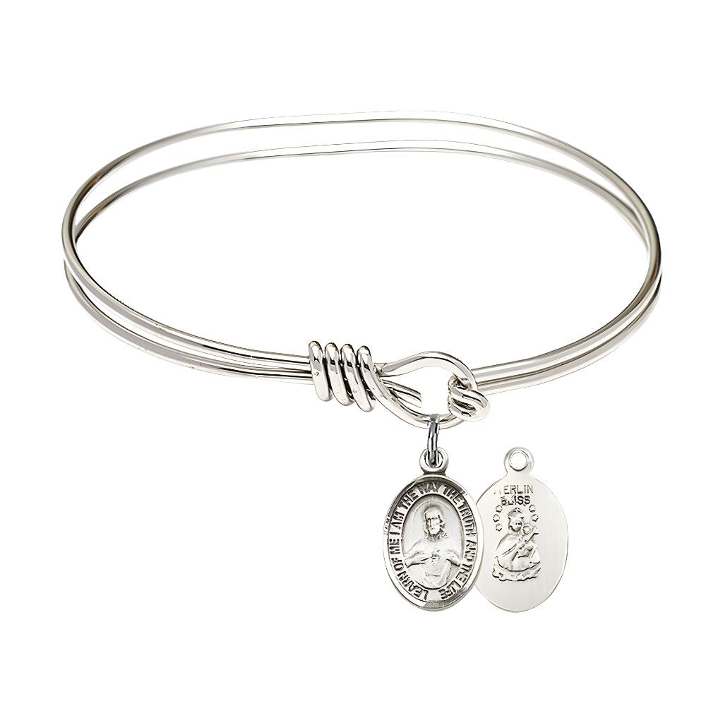 Bliss Scapular Sacred Heart of Jesus and Our Lady of Mount Carmel Sterling Silver Charm with a Oval Hook Rhodium Plated Bangle Bracelet, Charm Size: 1/2 x 1/4, Gift Box