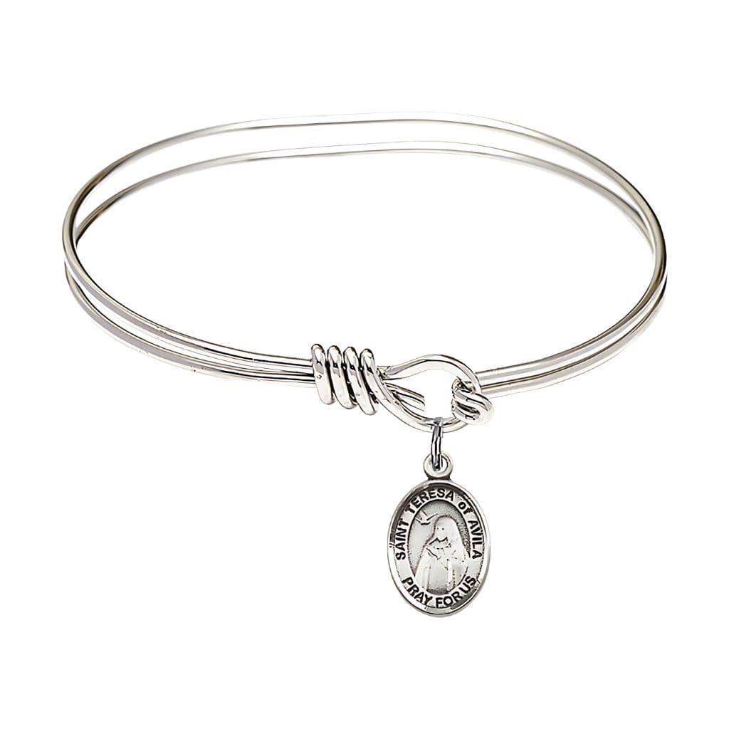 St. Teresa of Avila Sterling Silver Charm and Rhodium-plated Oval Eye Hook Design Bangle Bracelet