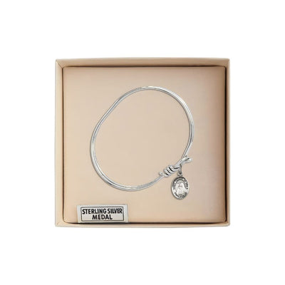 St. Teresa of Avila Sterling Silver Charm and Rhodium-plated Oval Eye Hook Design Bangle Bracelet in Gift Box, Bliss Manufacturing