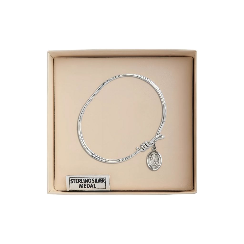 Bliss St. Therese of Lisieux Oval Eye Hook Rhodium-plated Bangle Bracelet with Sterling Silver Medal in Gift Box