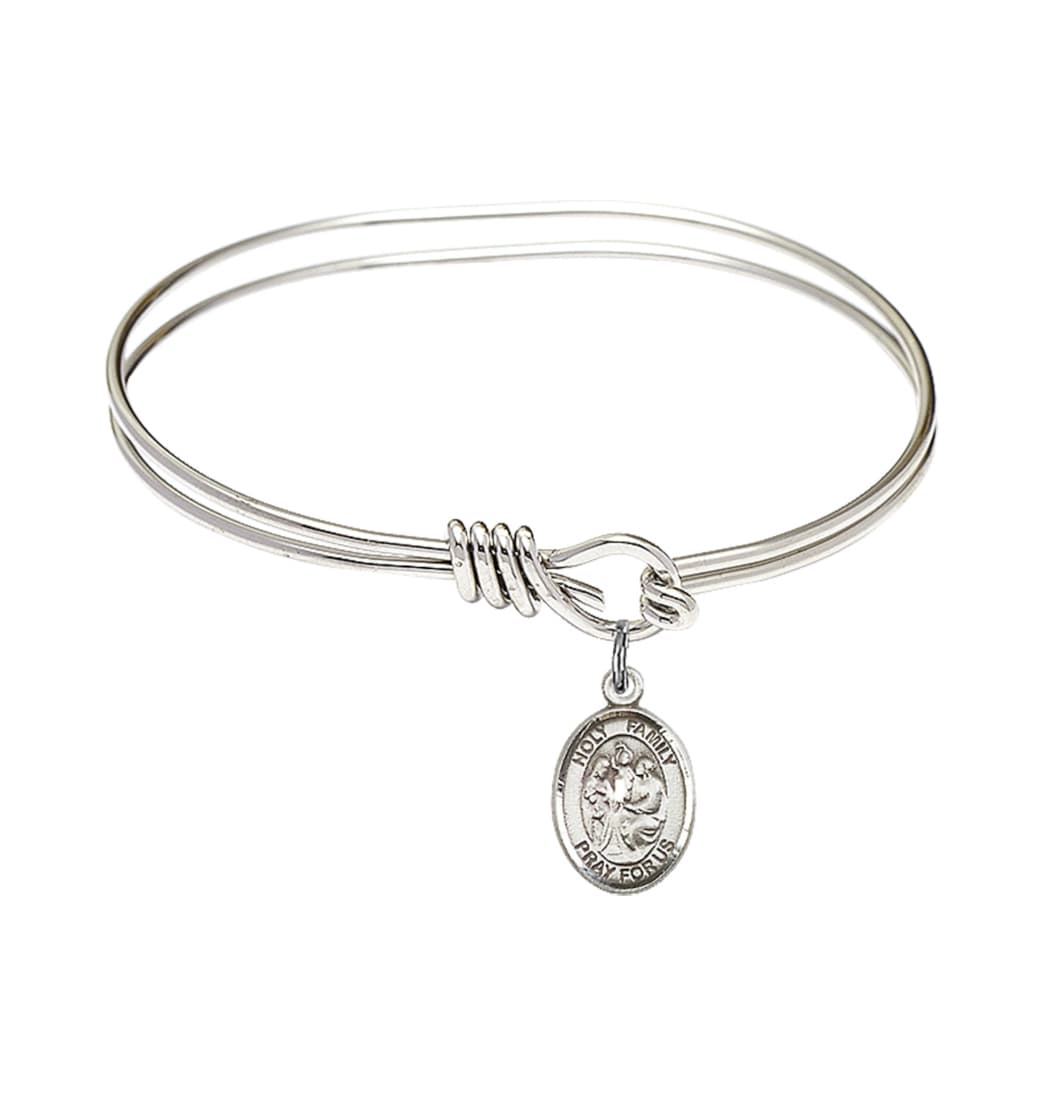 Bliss Holy Family Charm Oval Eye Hook Bangle Bracelet with Sterling Silver Charm,