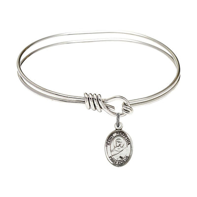 St. Perpetua Sterling Silver Charm with a Oval Hook Rhodium Plated Bangle Bracelet, Charm Size: 1/2 x 1/4, Gift Box, Bliss Manufacturing