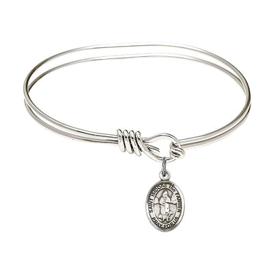 St. Isidore the Farmer Sterling Silver Charm with a Oval Hook Rhodium Plated Bangle Bracelet, Charm Size: 1/2 x 1/4, Gift Box, Bliss Manufacturing