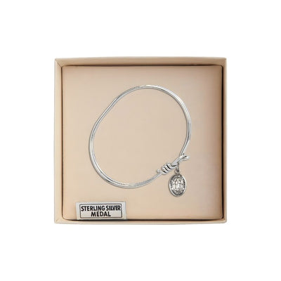 St. Isidore the FarmerSterling Silver Charm with a Oval Hook Rhodium Plated Bangle Bracelet, Charm Size: 1/2 x 1/4 in Gift Box, Bliss Manufacturing