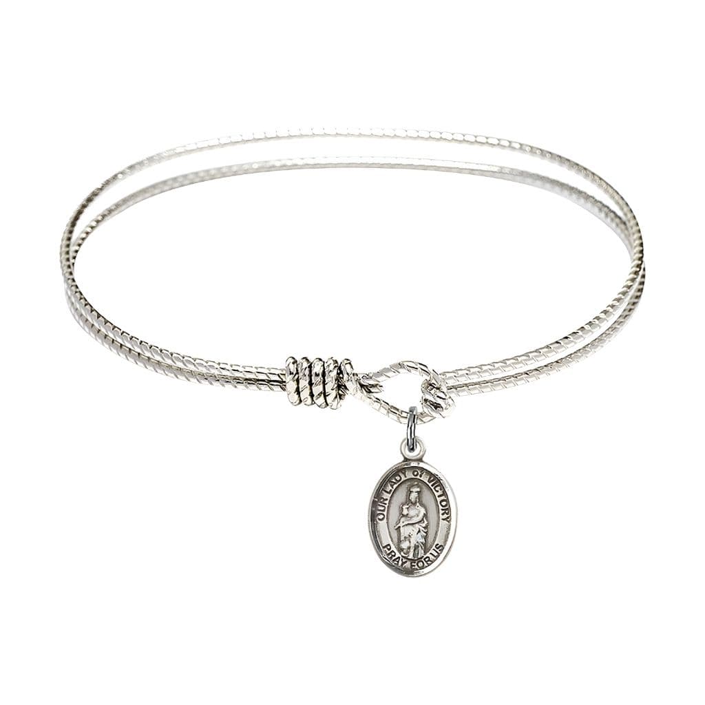 Bliss Our Lady of Victory Sterling Silver Charm 1/2 x 1/4 Medal with Rhodium-plated Oval Eye Hook Design Bangle Bracelet