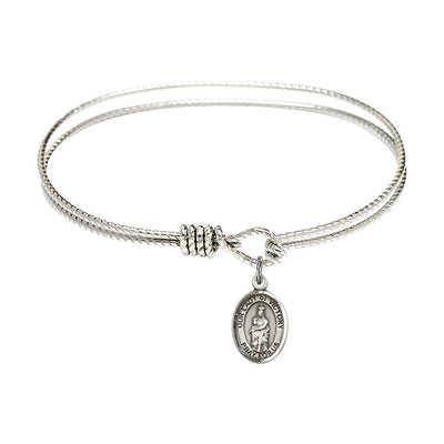 Our Lady of Victory Sterling Silver Charm 1/2 x 1/4 Medal with Rhodium-plated Oval Eye Hook Design Bangle Bracelet, Bliss Manufacturing
