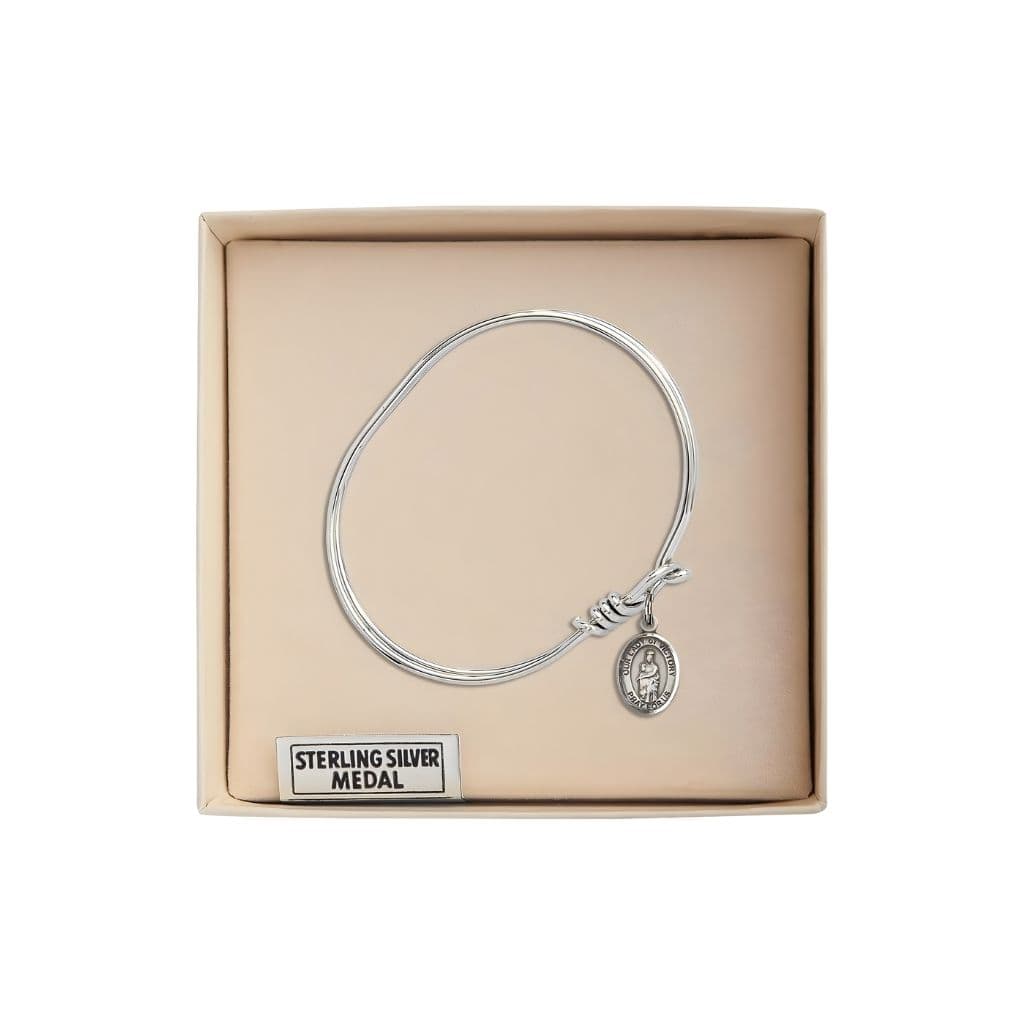Bliss Our Lady of Victory Sterling Silver Charm 1/2 x 1/4 Medal with Rhodium-plated Oval Eye Hook Design Bangle Bracelet in Gift Box