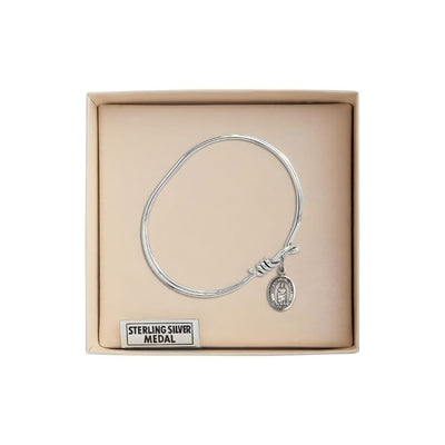 Our Lady of Victory Sterling Silver Charm 1/2 x 1/4 Medal with Rhodium-plated Oval Eye Hook Design Bangle Bracelet in Gift Box, Bliss Manufacturing