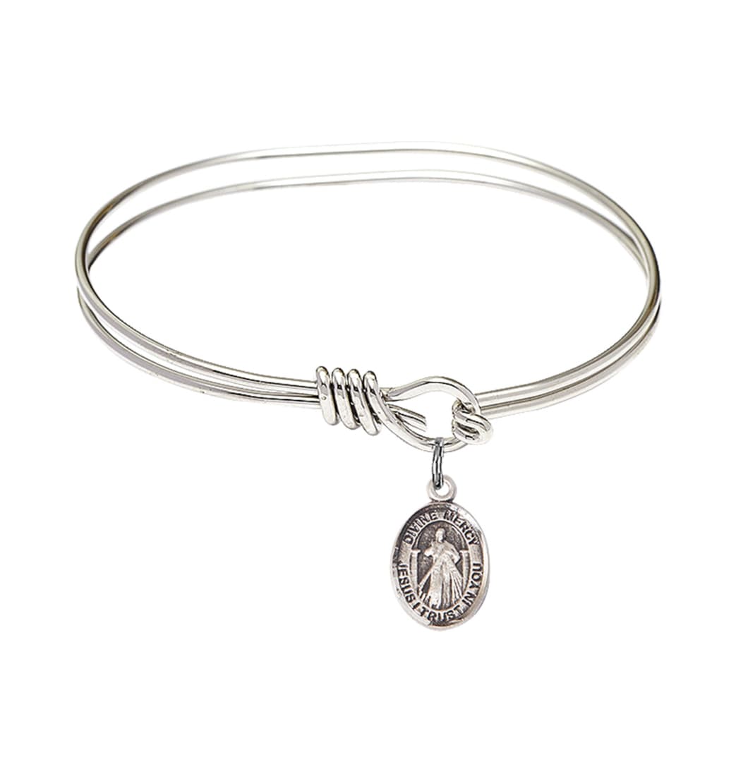 Bliss Jesus Divine Mercy Charm Oval Eye Hook Bangle Bracelet with a Sterling Silver Charm,