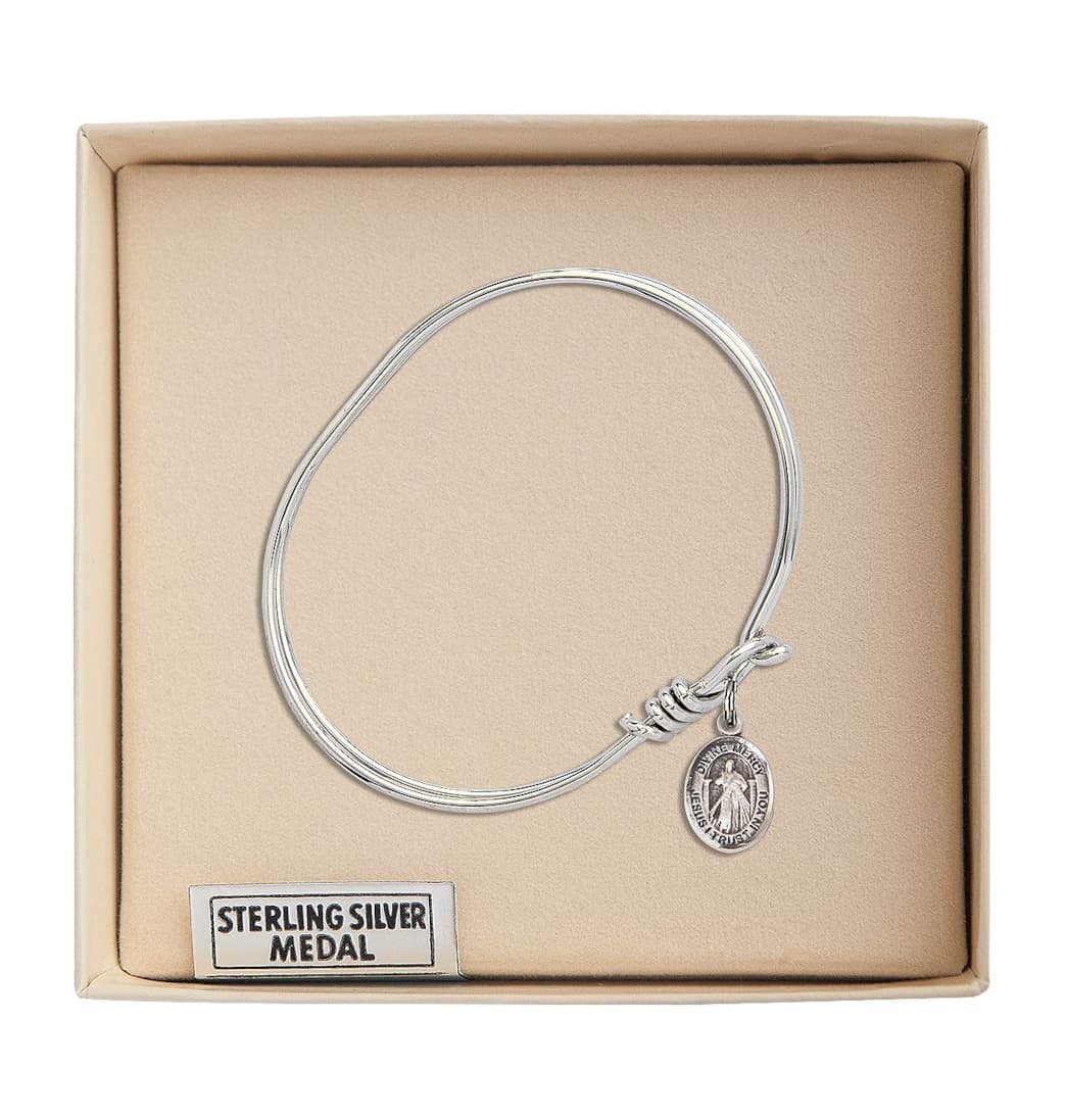 Bliss Jesus Divine Mercy Charm Oval Eye Hook Bangle Bracelet with a Sterling Silver Charm Boxed,