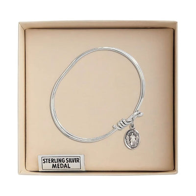 Divine Mercy sterling silver charm oval eye hook bangle bracelet in box, Bliss Manufacturing