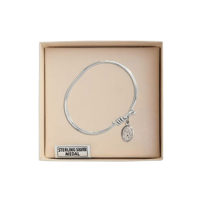 Our Lady of Assumption Oval Eye Hook Bangle Bracelet, sterling silver charm measures 1/2 by 1/4 inch in gift box, Bliss Manufacturing