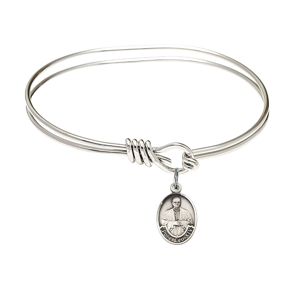 Bliss Pope Leo XIV Oval Hook Bangle Bracelet with Sterling Silver Charm and Rhodium-plated Bangle