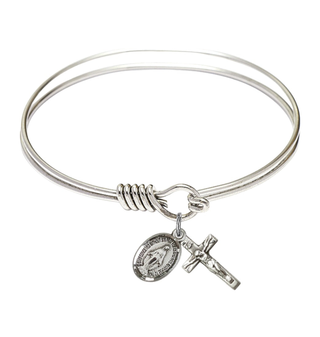 Bliss Sterling Silver Miraculous and Crucifix Oval Eye Hook Bangle Bracelet