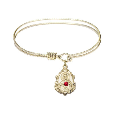 Red Crystal Scapular Sacred Heart of Jesus and Our Lady of Mount Carmel 14kt Gold-filled Charm with a Twist Design Gold-Plated Bangle Bracelet, Charm Size: 3/4 x 1/2, Gift Box, Bliss Manufacturing
