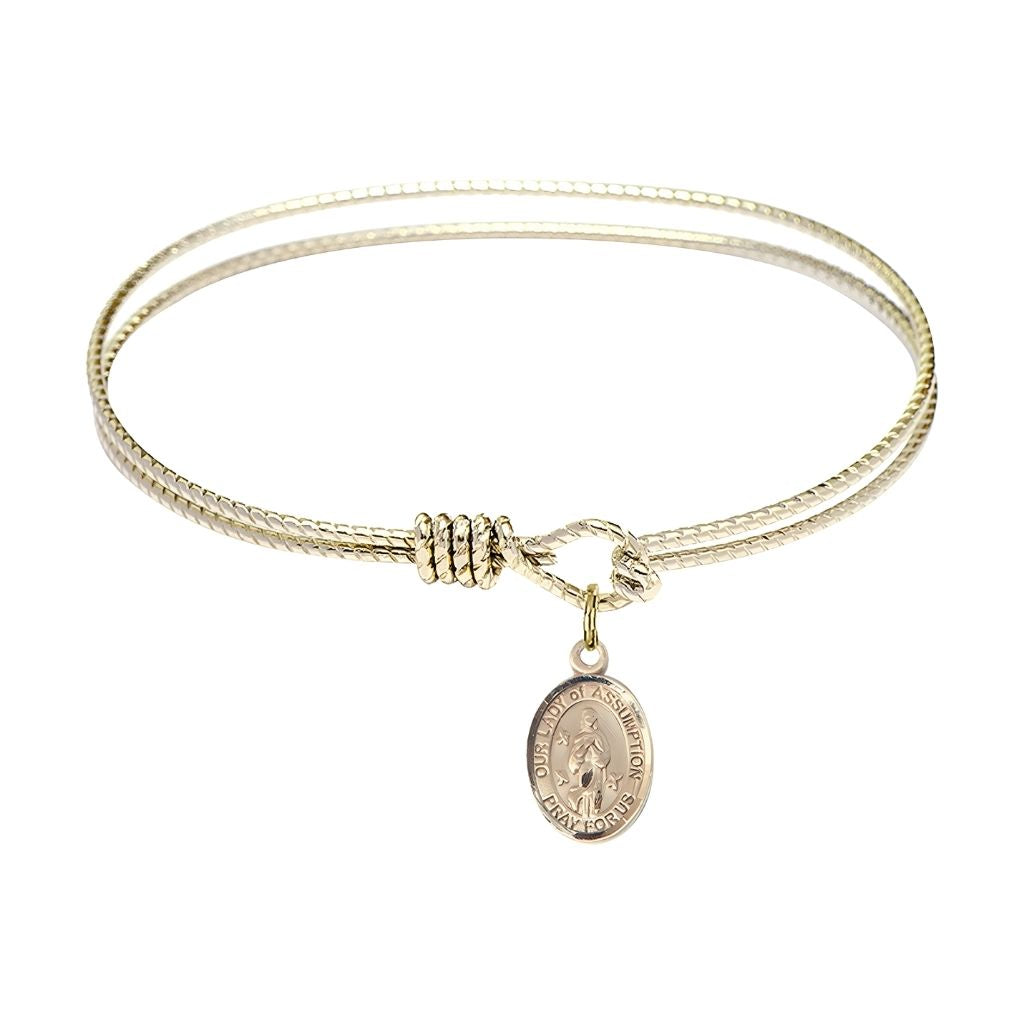 Bliss Our Lady of Assumption Twist Design Bangle Bracelet, 14kt gold-filled charm measures 1/2 by 1/4 inch