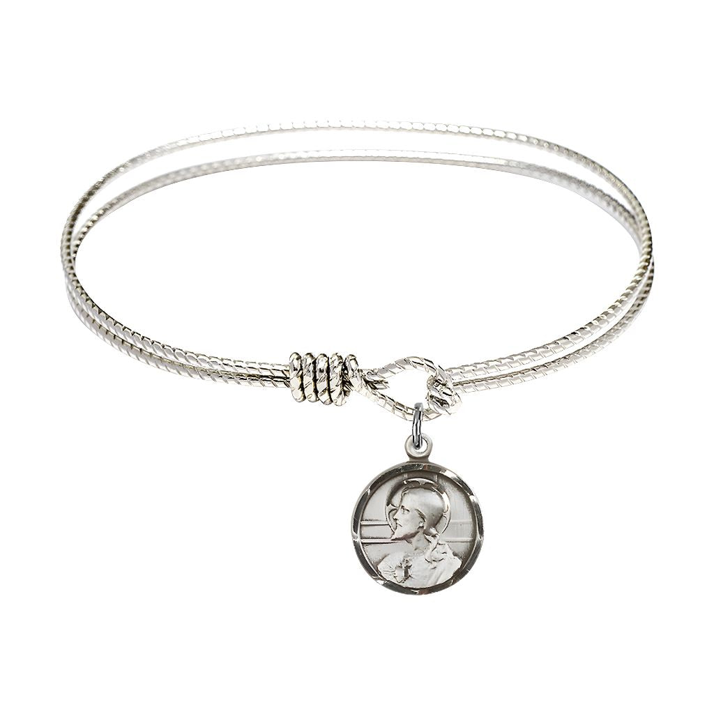 Bliss Scapular Sacred Heart of Jesus and Our Lady of Mount Carmel Sterling Silver Round Charm with a Twist Design Rhodium Plated Bangle Bracelet, Round Charm Size: 5/8-inch x 1/2-inch, Gift Box