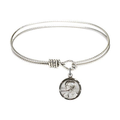 Scapular Sacred Heart of Jesus and Our Lady of Mount Carmel Sterling Silver Round Charm with a Twist Design Rhodium Plated Bangle Bracelet, Round Charm Size: 5/8-inch x 1/2-inch, Bliss Manufacturing