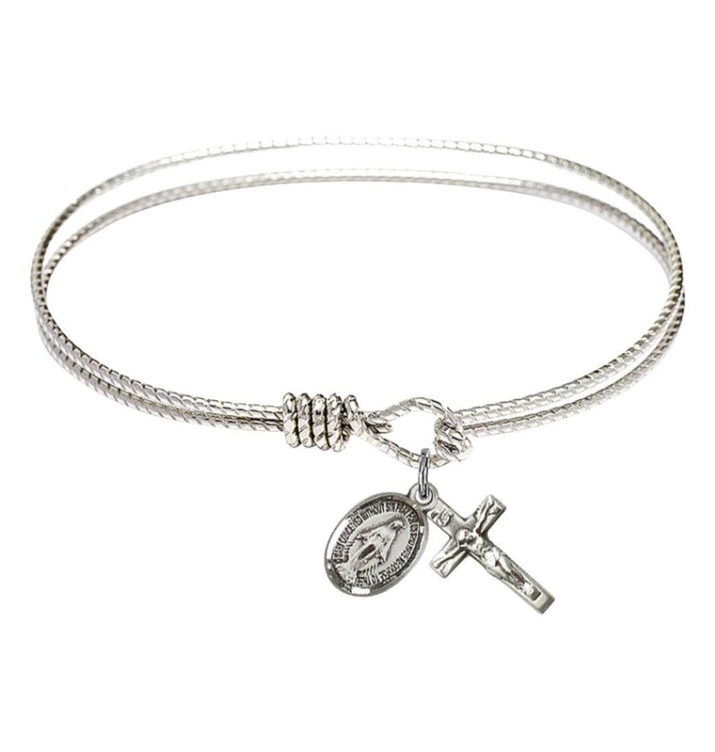 Bliss Sterling Silver Miraculous and Crucifix Twist Eye Hook Bangle Bracelet