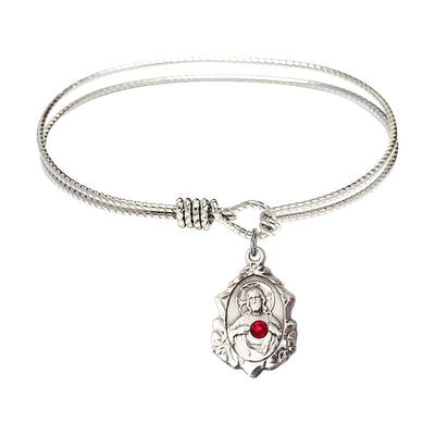 Red Crystal Scapular Sacred Heart of Jesus and Our Lady of Mount Carmel Sterling Silver Charm with a Twist Design Rhodium Plated Bangle Bracelet, Charm Size: 3/4 x 1/2, Gift Box, Bliss Manufacturing