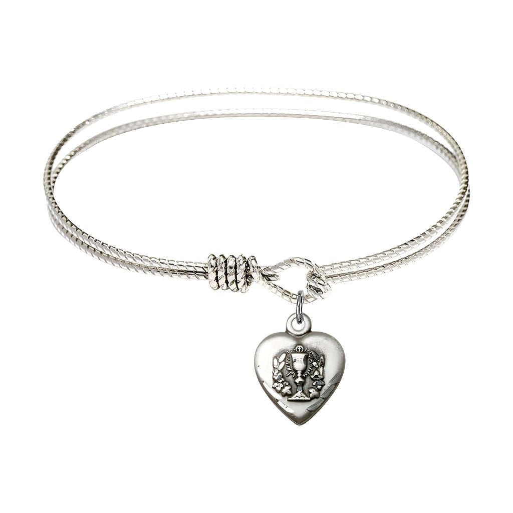 Bliss Communion Heart PewterMedal with Rhodium-plated Twist Design Bangle Bracelet, Communion Heart Size: 5/8-inch tall by 1/2-inch wide