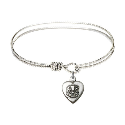 Communion Heart PewterMedal with Rhodium-plated Twist Design Bangle Bracelet, Communion Heart Size: 5/8-inch tall by 1/2-inch wide, Bliss Manufacturing
