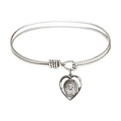 Scapular Sacred Heart of Jesus, Our Lady of Mount Carmel Sterling Silver Heart Shaped Charm with a Twist Design Rhodium Plated Bangle Bracelet, Heart Shaped Charm, Bliss Manufacturing