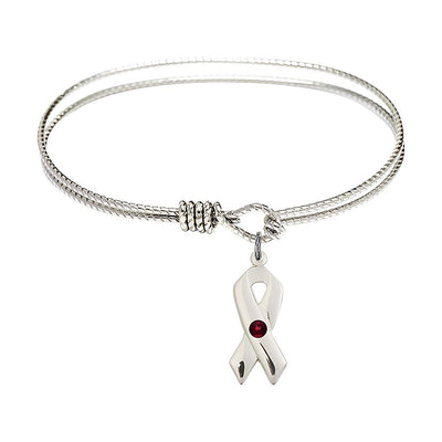 Garnet Birthstone Sterling Silver Cancer Awareness Ribbon Twist Design Bangle, Sizes 6 1/4 inches - 7 1/4 inches, Bliss Manufacturing