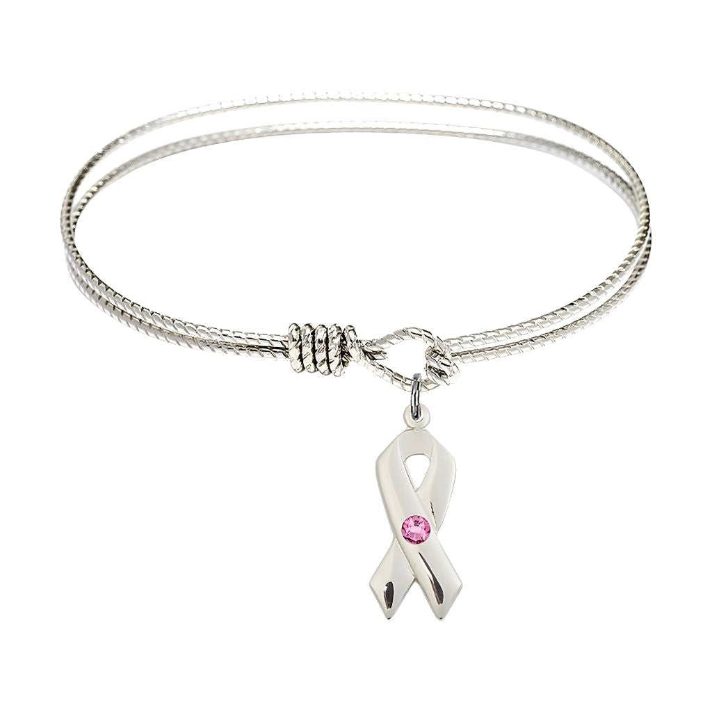 Bliss Rose Birthstone Sterling Silver Cancer Awareness Ribbon Twist Design Bangle, Sizes 6 1/4 inches - 7 1/4 inches