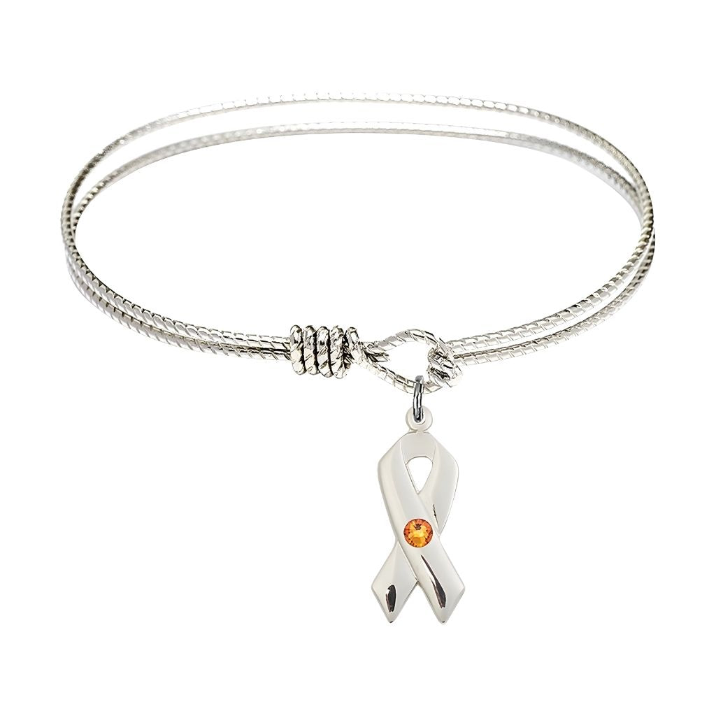 Bliss Topaz Birthstone Sterling Silver Cancer Awareness Ribbon Twist Design Bangle, Sizes 6 1/4 inches - 7 1/4 inches
