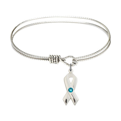 Zircon Birthstone Sterling Silver Cancer Awareness Ribbon Twist Design Bangle, Sizes 6 1/4 inches - 7 1/4 inches, Bliss Manufacturing