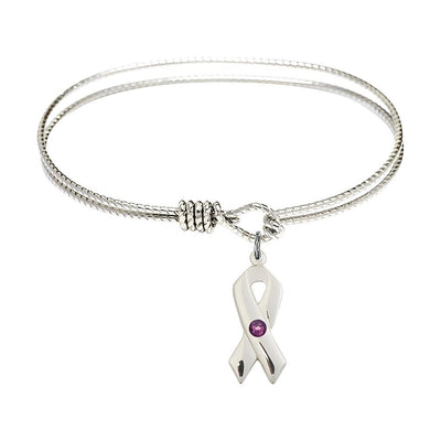 Amethyst Birthstone Sterling Silver Cancer Awareness Ribbon Twist Design Bangle, Sizes 6 1/4 inches - 7 1/4 inches, Bliss Manufacturing