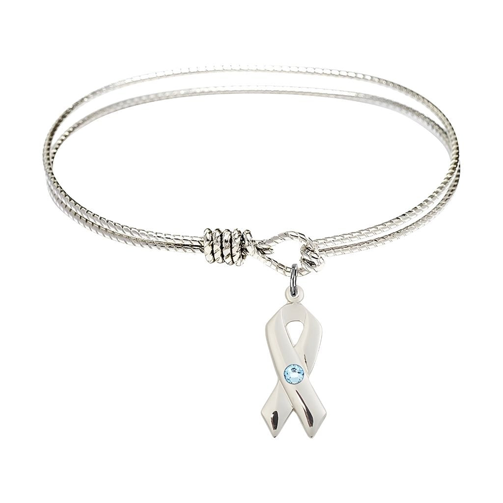 Bliss Aqua Birthstone Sterling Silver Cancer Awareness Ribbon Twist Design Bangle, Sizes 6 1/4 inches - 7 1/4 inches