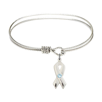 Aqua Birthstone Sterling Silver Cancer Awareness Ribbon Twist Design Bangle, Sizes 6 1/4 inches - 7 1/4 inches, Bliss Manufacturing