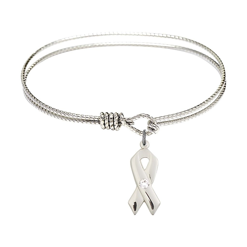 Bliss Clear Birthstone Sterling Silver Cancer Awareness Ribbon Twist Design Bangle, Sizes 6 1/4 inches - 7 1/4 inches