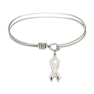 Clear Birthstone Sterling Silver Cancer Awareness Ribbon Twist Design Bangle, Sizes 6 1/4 inches - 7 1/4 inches, Bliss Manufacturing