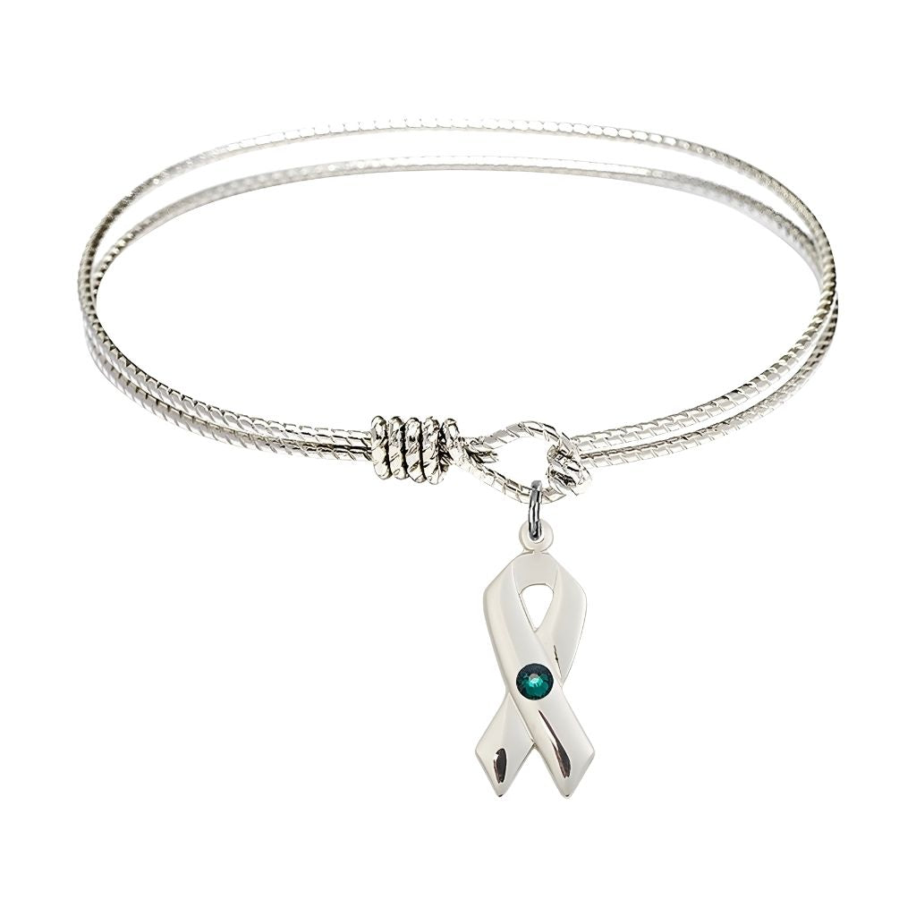 Bliss Emerald Birthstone Sterling Silver Cancer Awareness Ribbon Twist Design Bangle, Sizes 6 1/4 inches - 7 1/4 inches
